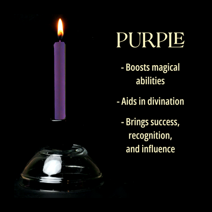 A single Purple Chime Candle, lit, with a dark background, and a column of text listing its magical properties.