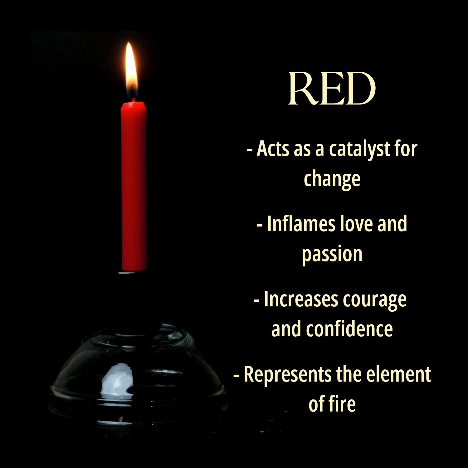 A single Red Chime Candle, lit, with a dark background, and a column of text listing its magical properties.