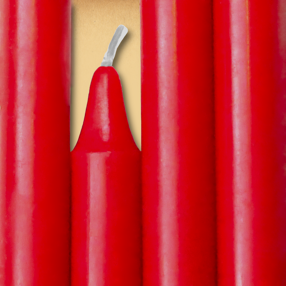 Closeup of a quartet of Red Chime Candles arranged side-by-side so they form an almost solid block of color.