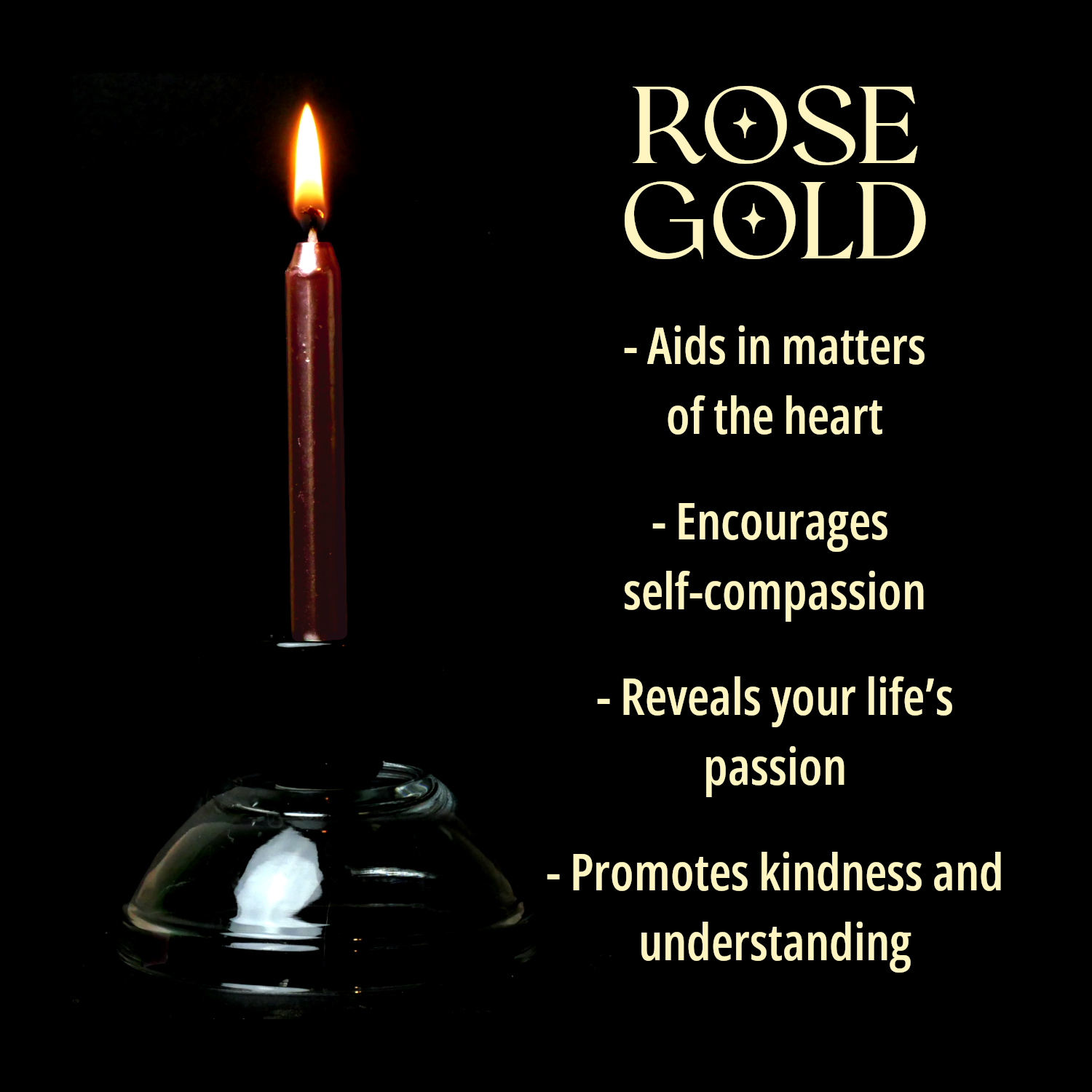 A single Rose Gold Chime Candle, lit, with a dark background, and a column of text listing its magical properties.