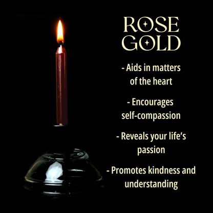 A single Rose Gold Chime Candle, lit, with a dark background, and a column of text listing its magical properties.