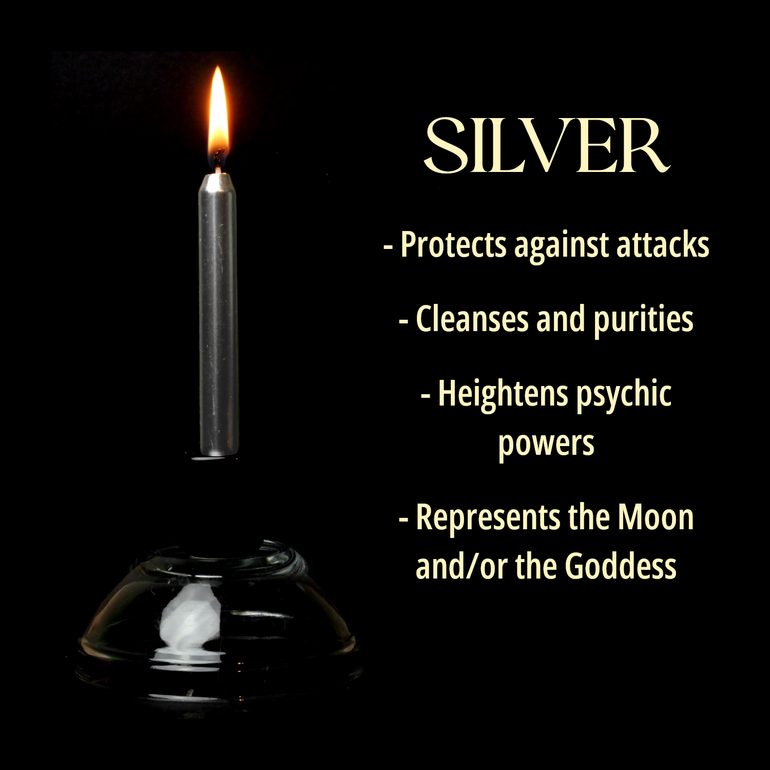 A single Silver Chime Candle, lit, with a dark background, and a column of text listing its magical properties.