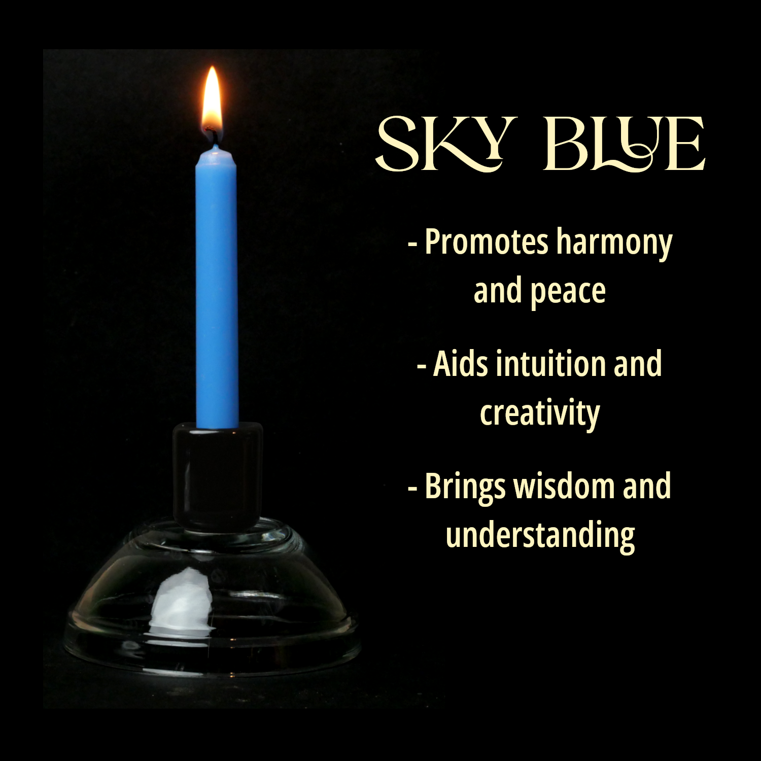 A single Sky Blue Chime Candle, lit, with a dark background, and a column of text listing its magical properties.