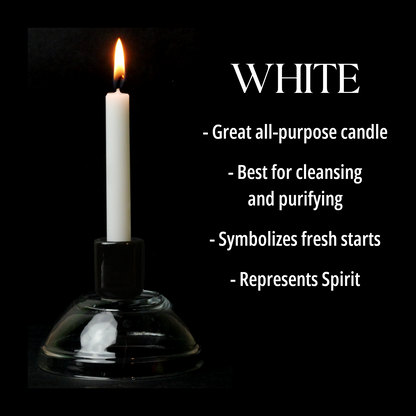 A single White Chime Candle, lit, with a dark background, and a column of text listing its magical properties.