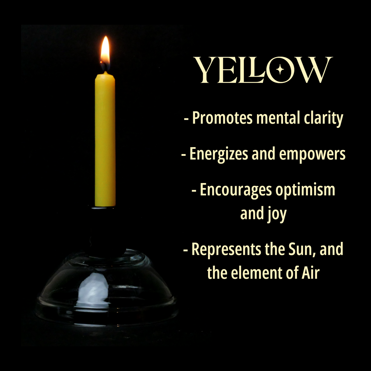 A single Yellow Chime Candle, lit, with a dark background, and a column of text listing its magical properties.