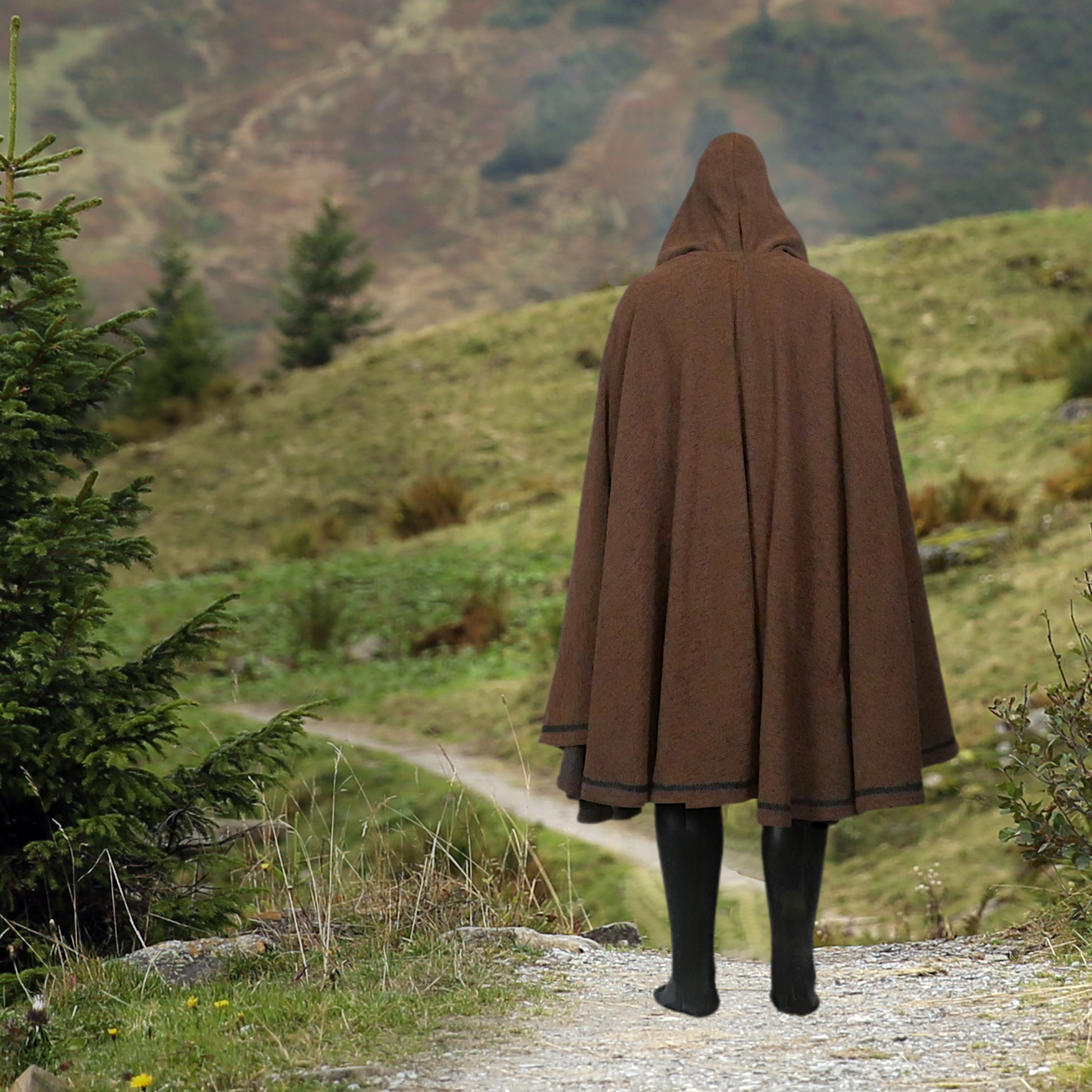Brown Full Circle Cloak with Hood and Trim