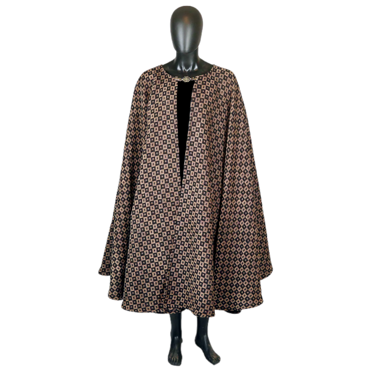 Brown and Black Checkerboard Full Circle Cloak with Pockets