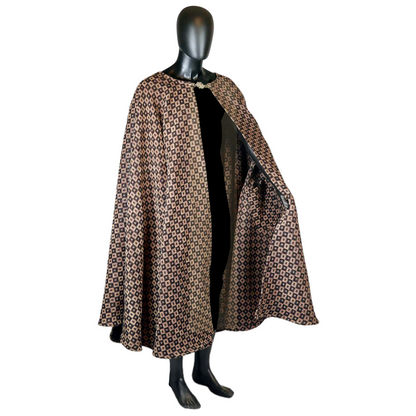 Brown and Black Checkerboard Full Circle Cloak with Pockets