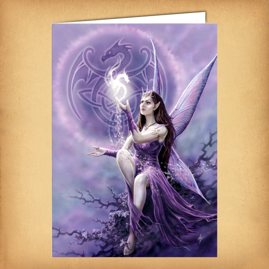 A fantasy-inspired card with an enchanting fairy in shades of purple, summoning a dragon spirit against a Celtic backdrop.
