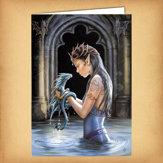 Fantasy greeting card featuring an elven queen standing in water, cradling a small blue dragon, with gothic arches behind her