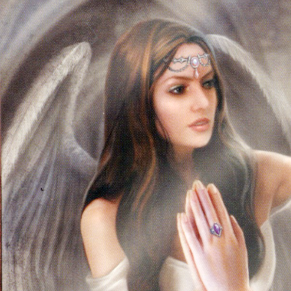 Close-up of the woman’s startled expression, when her true form as an angel with shimmering wings is revealed by the mirror.