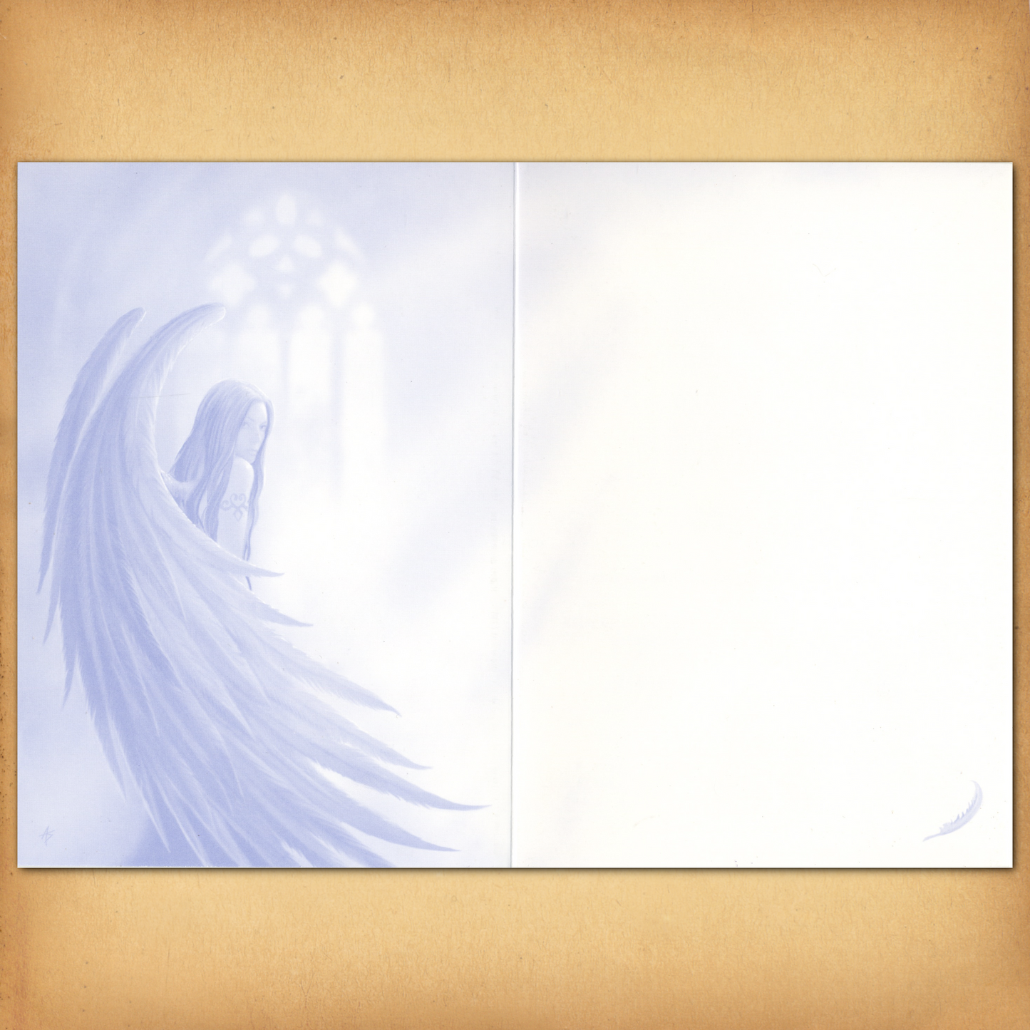 A soft blue-toned illustration of an angel appears inside the card, with her wings extending gracefully. There is no text.
