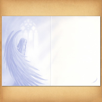 A soft blue-toned illustration of an angel appears inside the card, with her wings extending gracefully. There is no text.