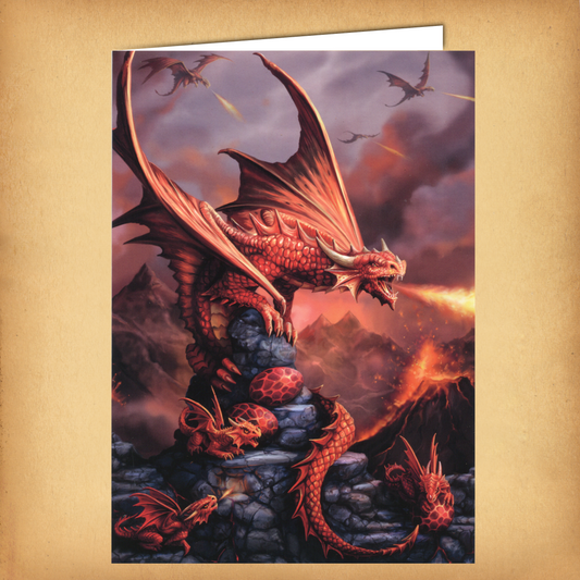Fantasy greeting card featuring a mighty fire dragon watching over its hatchlings as flames light up the volcanic landscape.