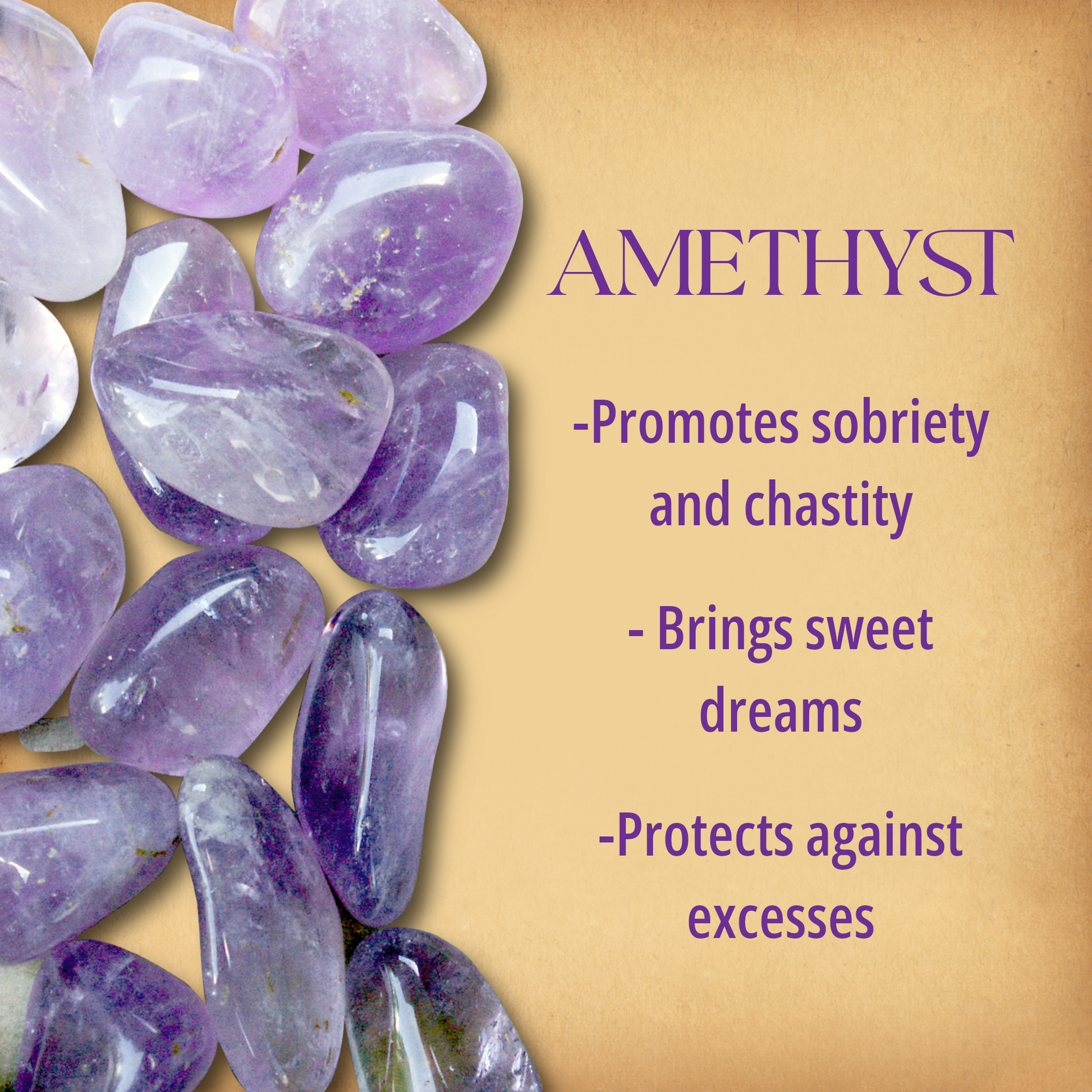 Multiple tumbled Amethyst stones covering half the page, alongside text that briefly describes their magical properties.