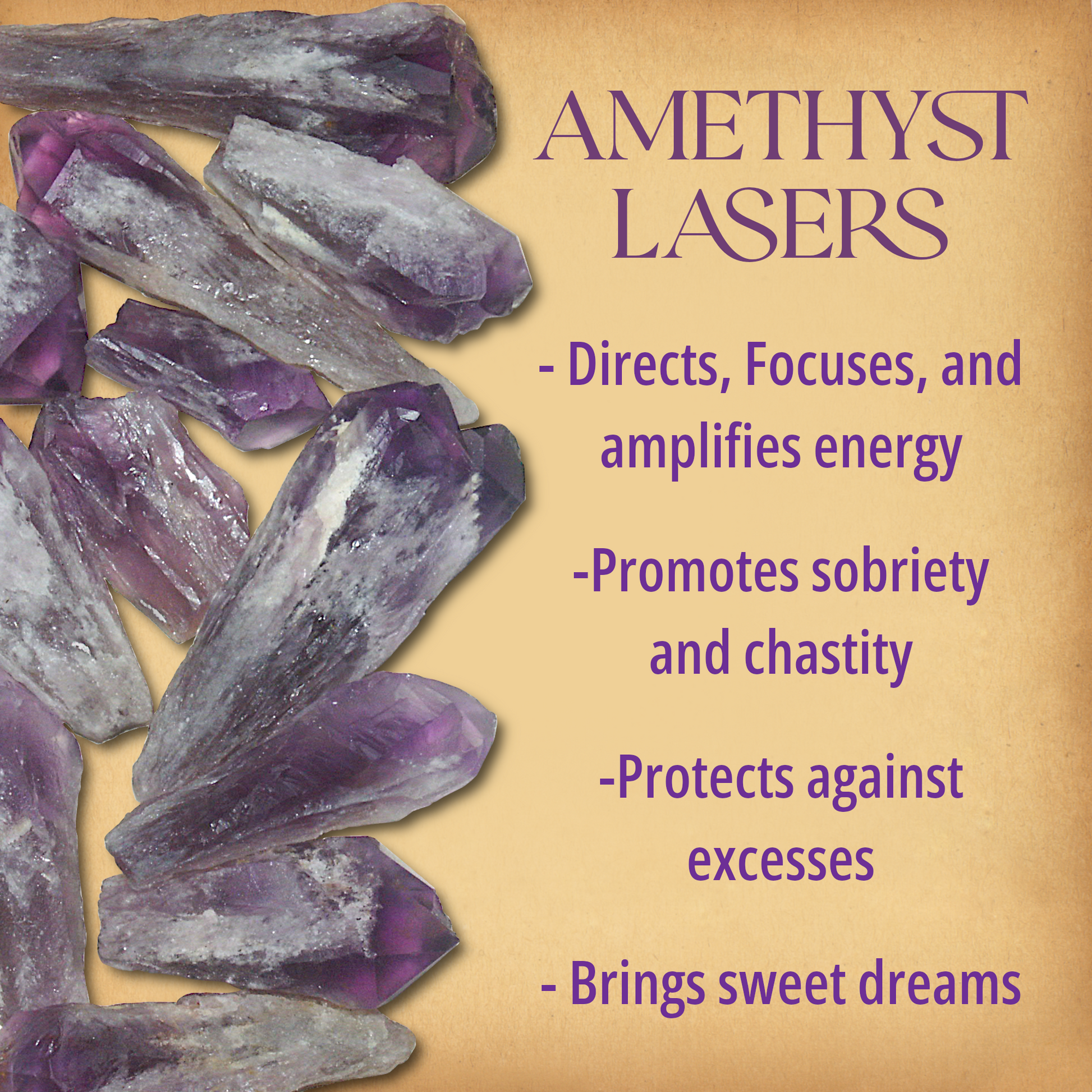 Multiple Amethyst gemstone lasers covering half the page, alongside text that briefly describes their metaphysical properties