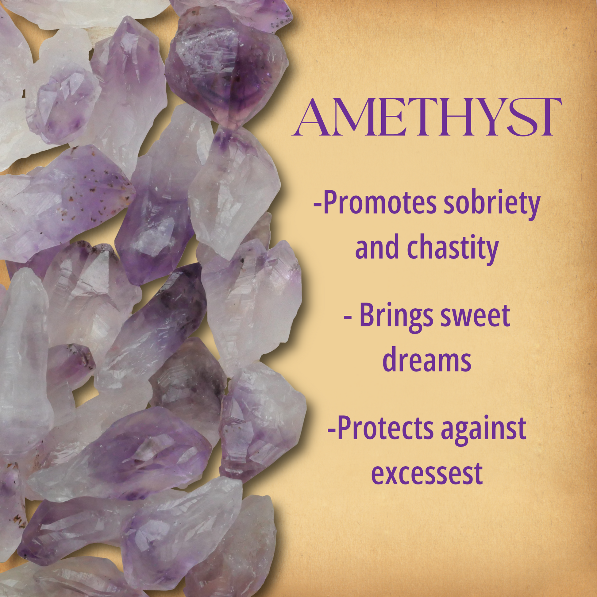 Multiple Natural Amethyst Gemstone Points covering half the page, alongside text that describes their metaphysical properties