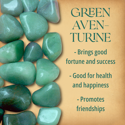 Multiple tumbled Green Aventurine stones covering half the page, alongside text that describes their magical properties.