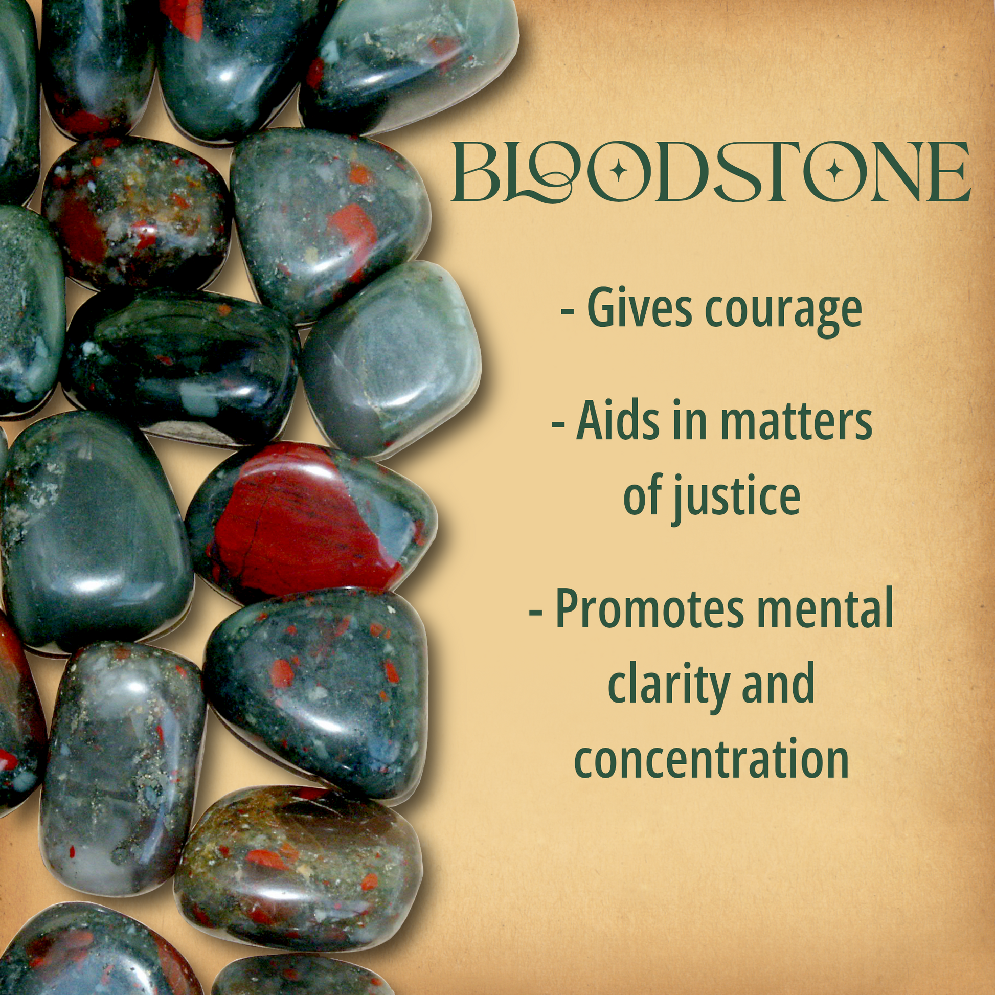 Multiple tumbled Bloodstone stones covering half the page, alongside text that briefly describes their magical properties.