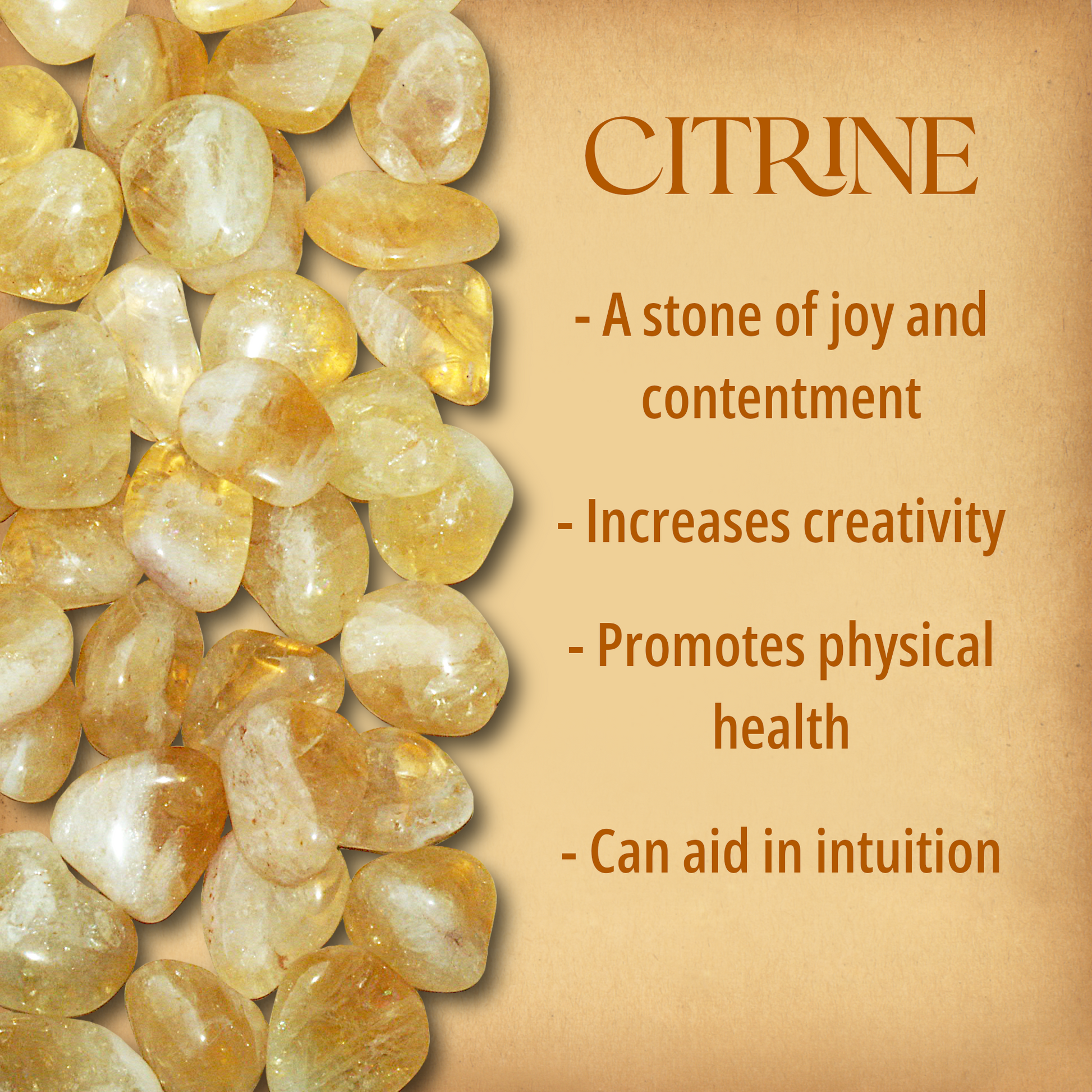 Multiple tumbled Citrine stones covering half the page, alongside text that briefly describes their magical properties.