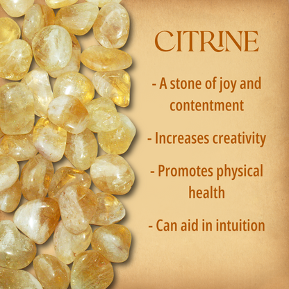 Multiple tumbled Citrine stones covering half the page, alongside text that briefly describes their magical properties.