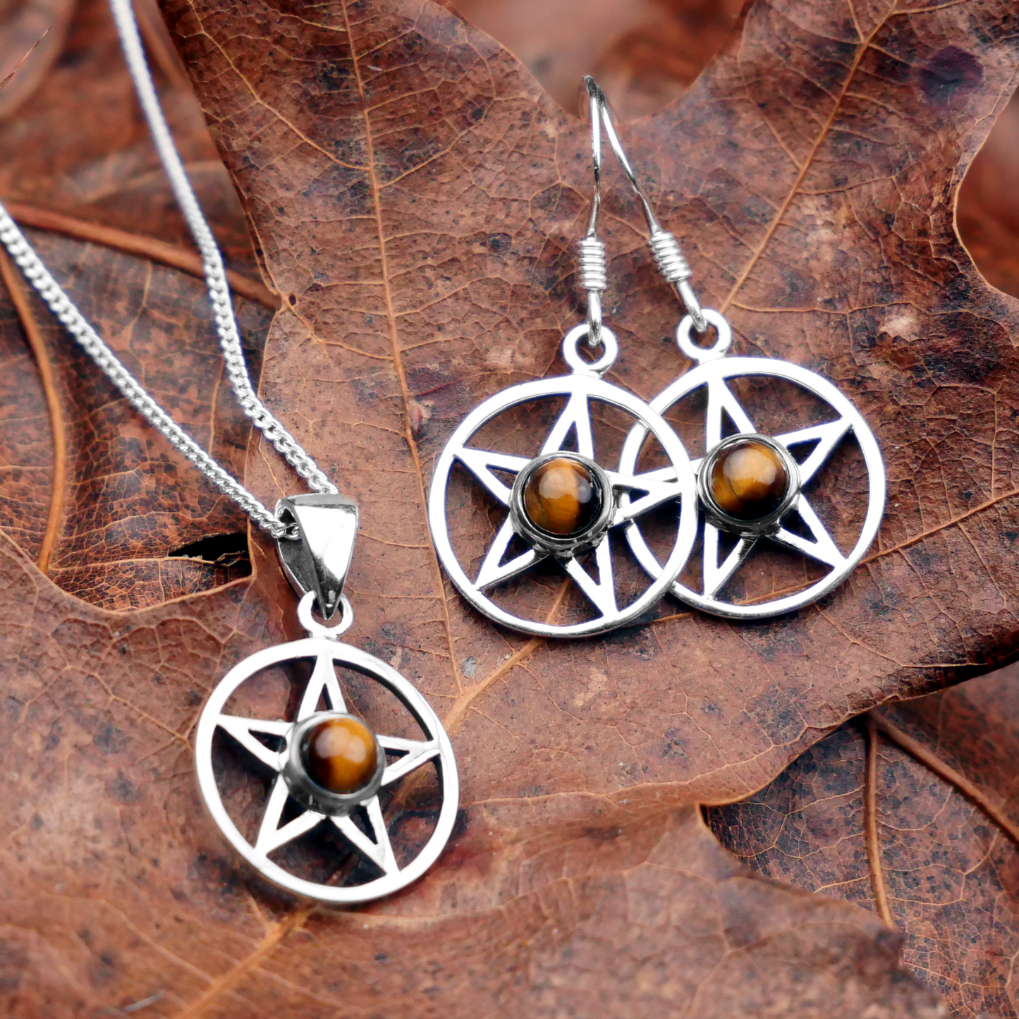 Silver Pentacle Pendant w/ Tiger Eye with matching earrings, highlighting the sterling pentacles and earthy Tiger Eye stones.