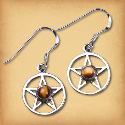 Silver Pentacle Earrings w/ Tiger Eye