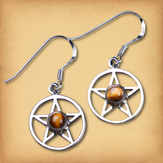 Silver Pentacle Earrings w/ Tiger Eye