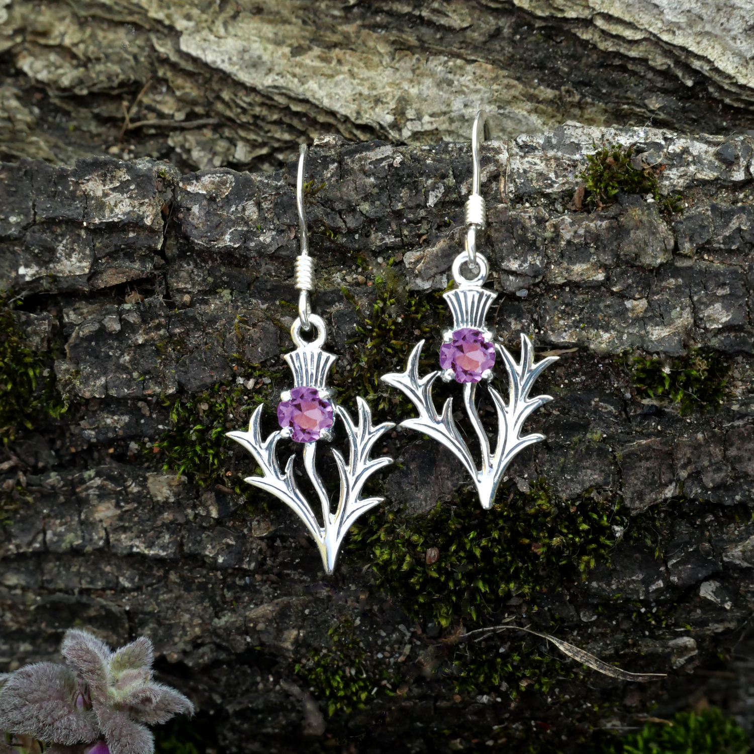 Silver Amethyst Thistle Earrings