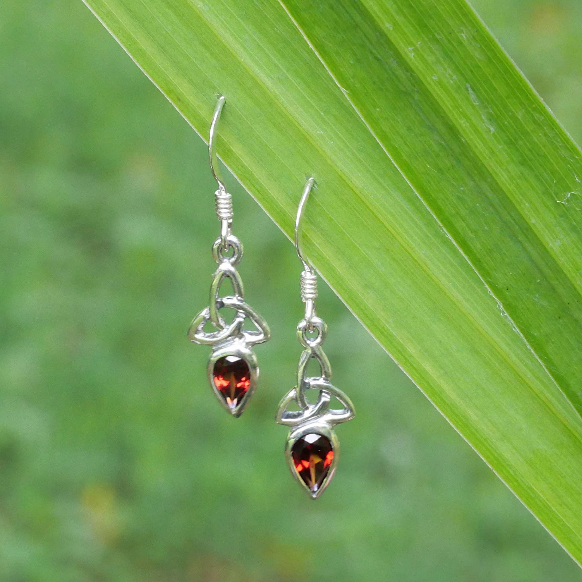 Silver Garnet Trinity Knot Earrings