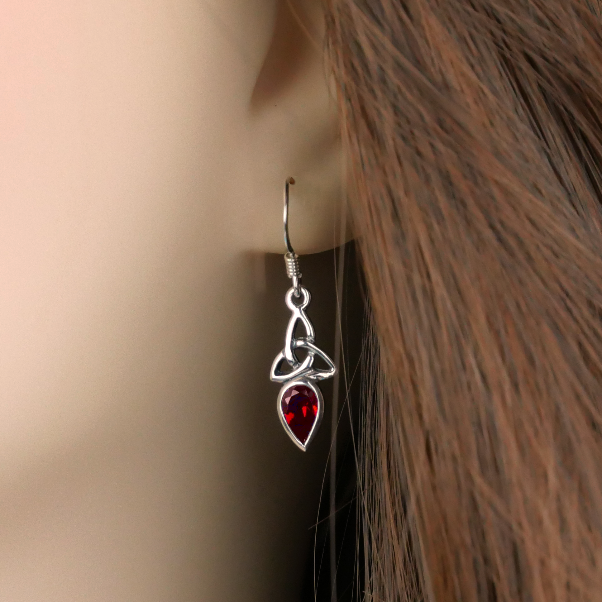 Silver Garnet Trinity Knot Earrings