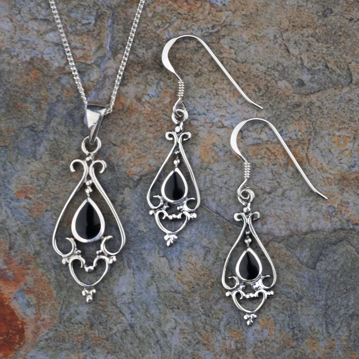 Silver Victorian Onyx Earrings