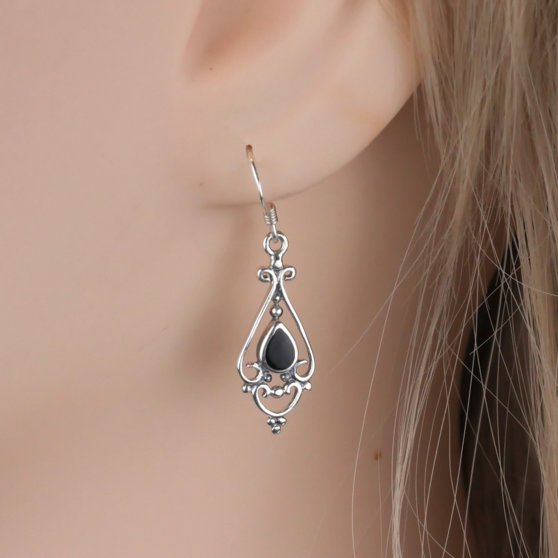 Silver Victorian Onyx Earrings