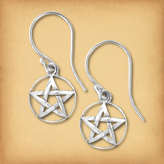 Sterling silver Domed Pentacle Earrings, showcasing the cut-out design of the 5-point star charms dangling from French hooks