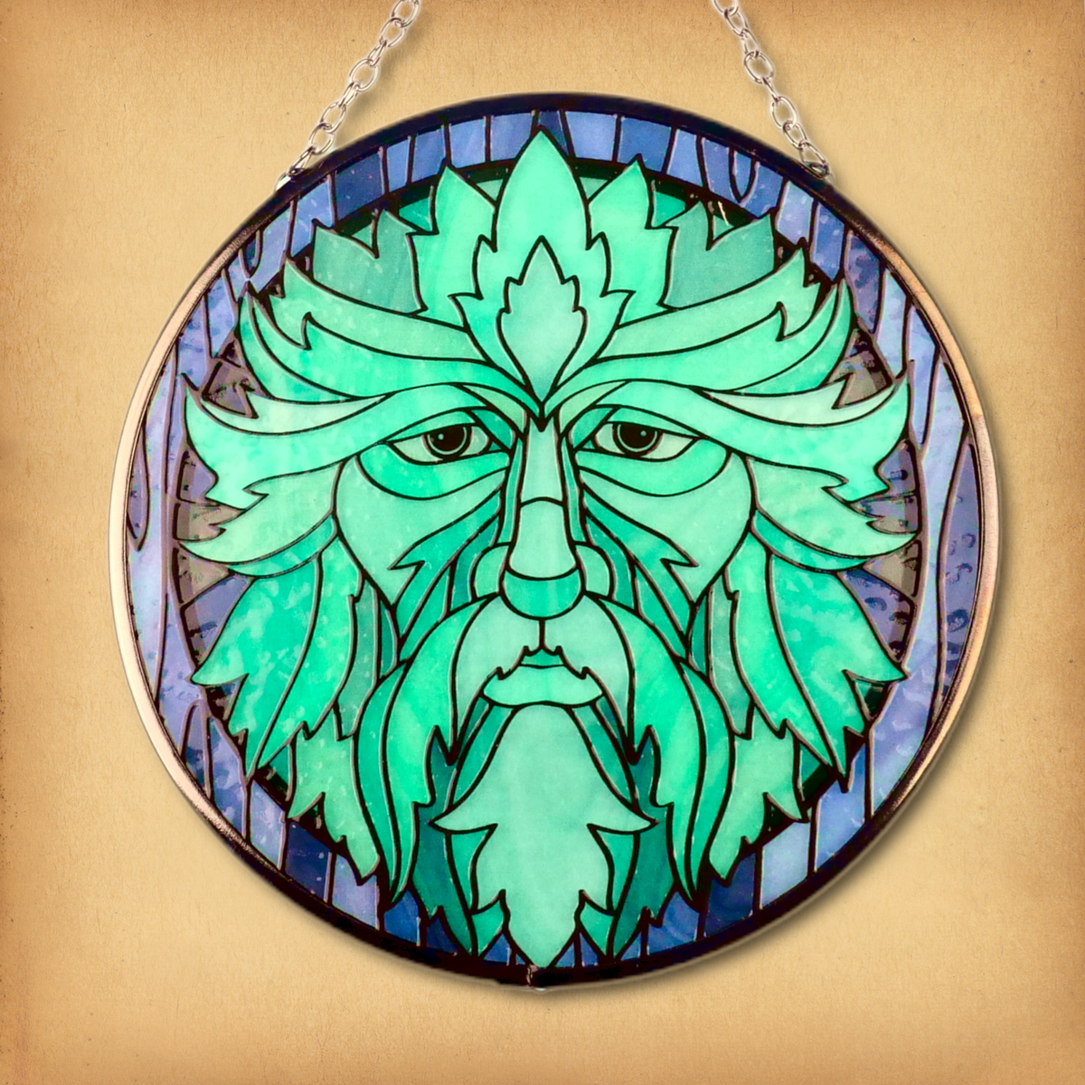 Green Man Glass Suncatcher – Pagan Forest Spirit Window Decor