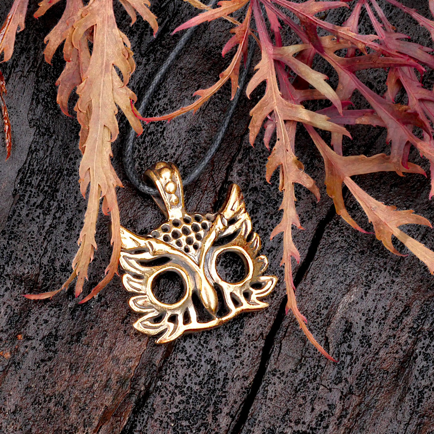 Bronze owl head pendant with large, open eyes, on a dark wood background, framed by delicate red and orange maple leaves.