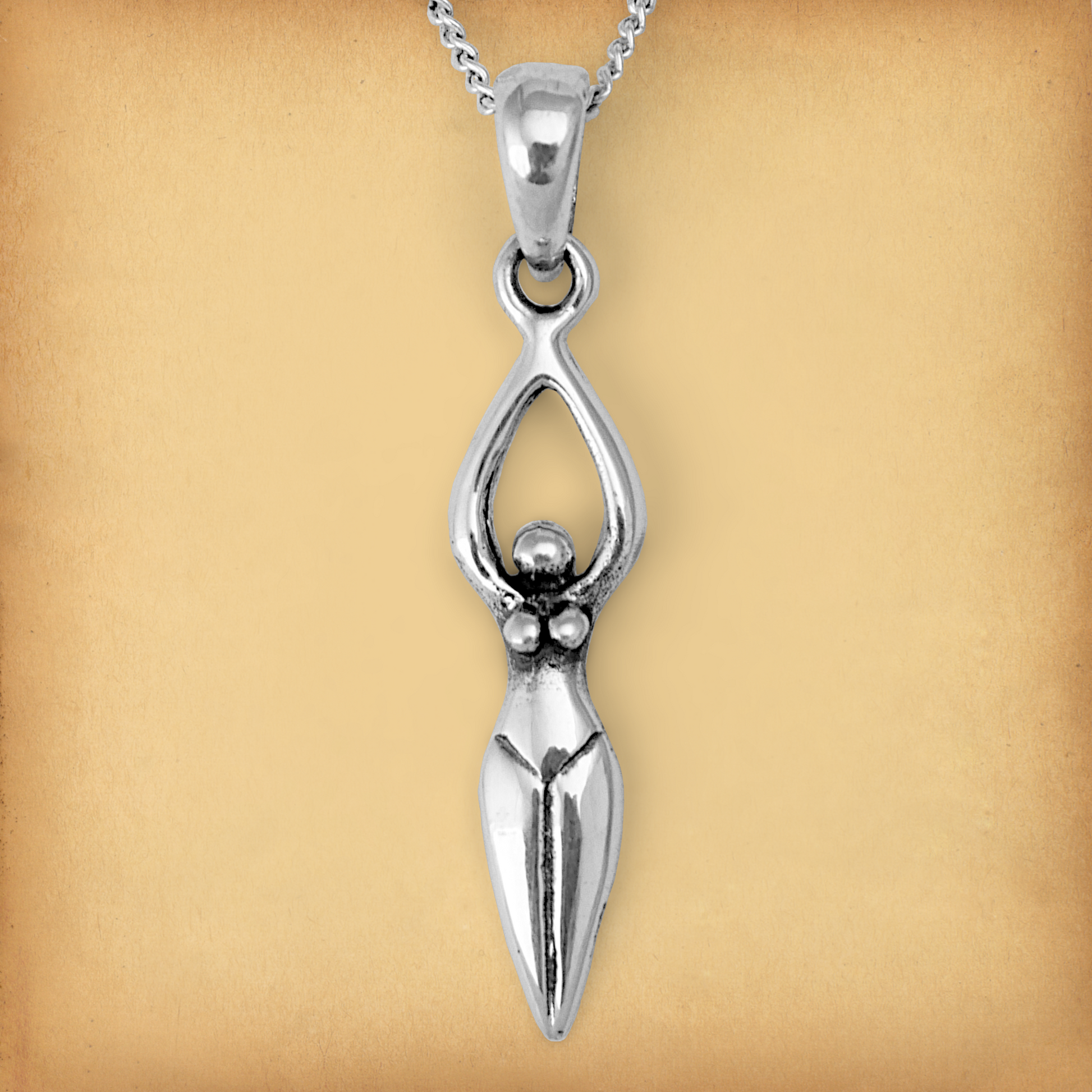 Sterling Silver Goddess Pendant featuring a stylized female form with outstretched arms, symbolizing sacred feminine energy.