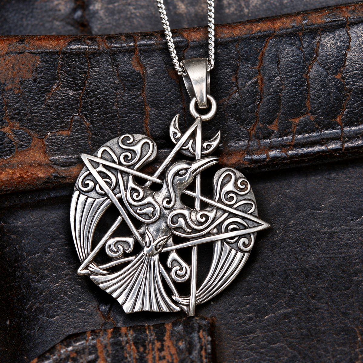 Silver Crescent Raven Pendant