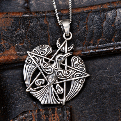 Silver Crescent Raven Pendant