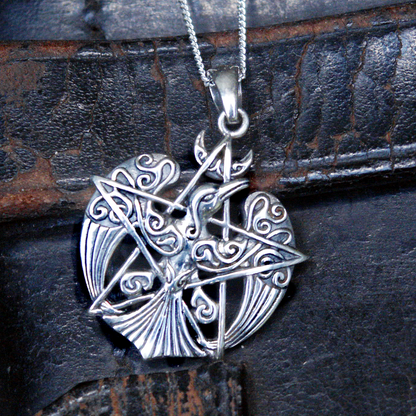 Silver Crescent Raven Pendant