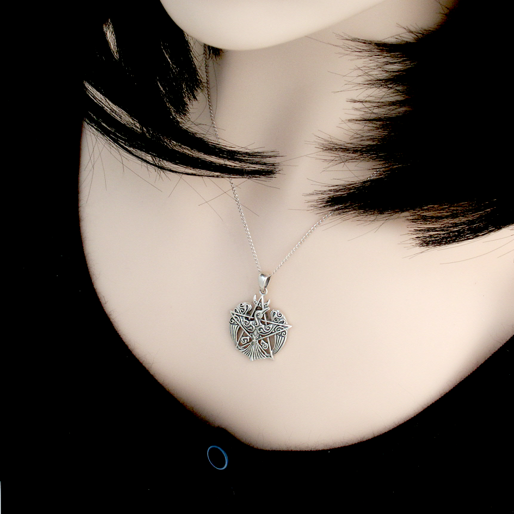 Silver Crescent Raven Pendant