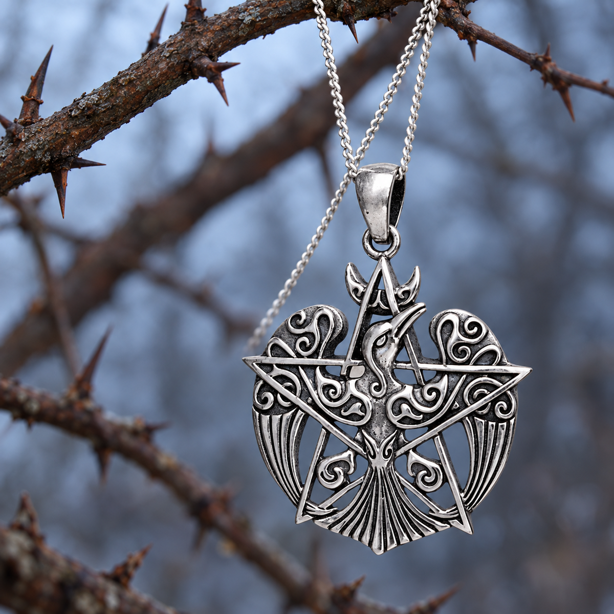 Silver Crescent Raven Pendant