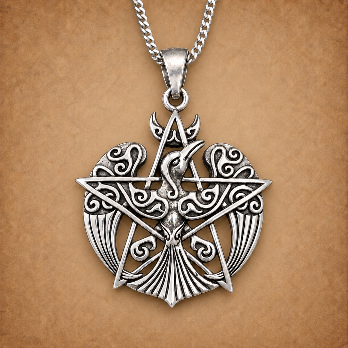 Silver Crescent Raven Pendant