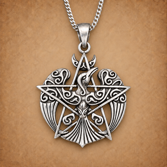 Silver Crescent Raven Pendant