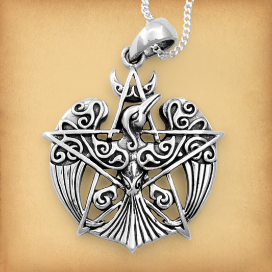 Silver Crescent Raven Pendant