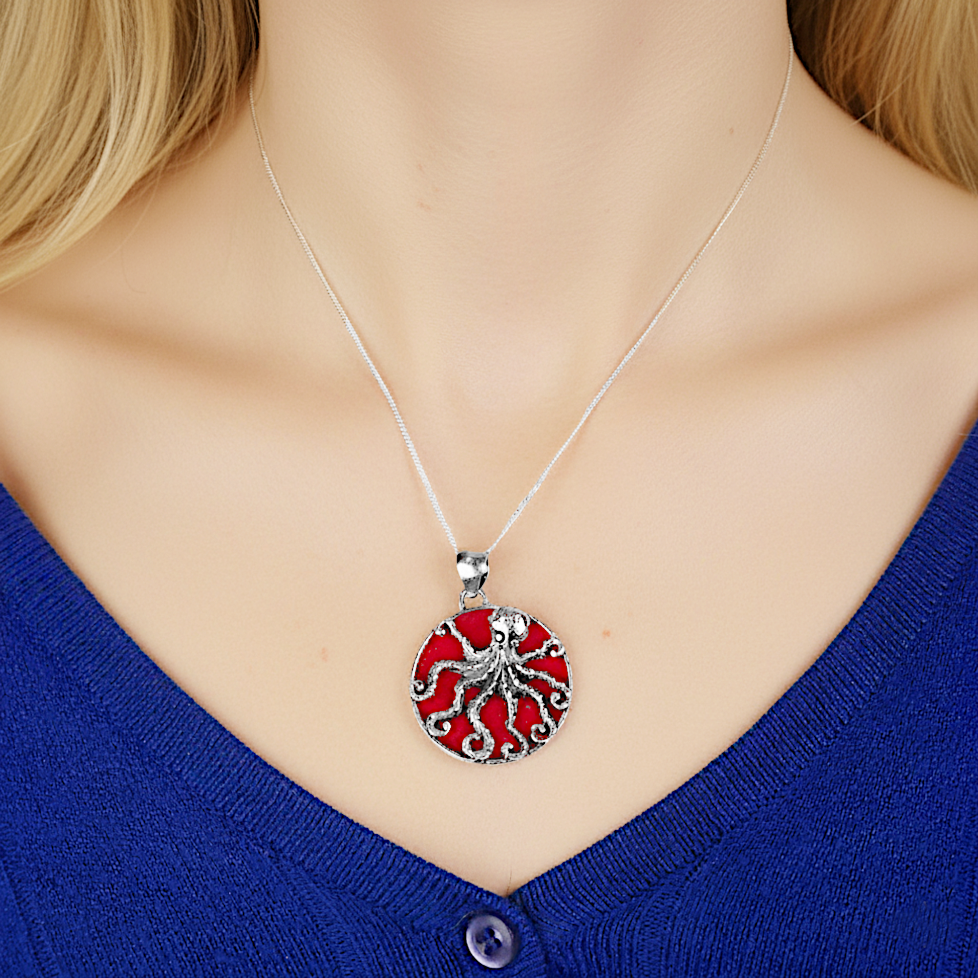 Silver Octopus Pendant with Coral