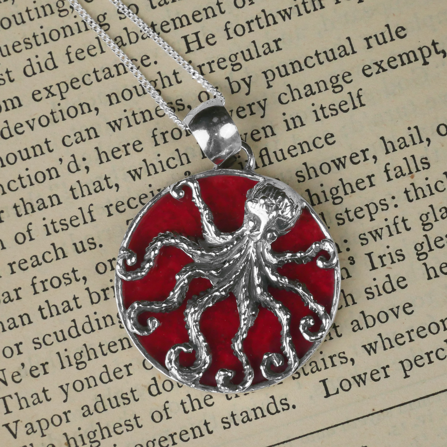 Silver Octopus Pendant with Coral