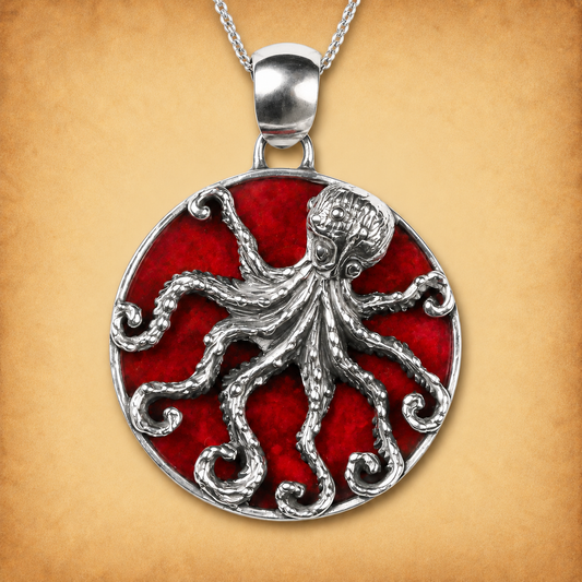 Silver Octopus Pendant with Coral