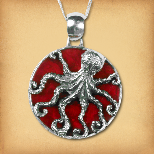 Silver Octopus Pendant with Coral