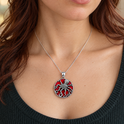 Silver Octopus Pendant with Coral
